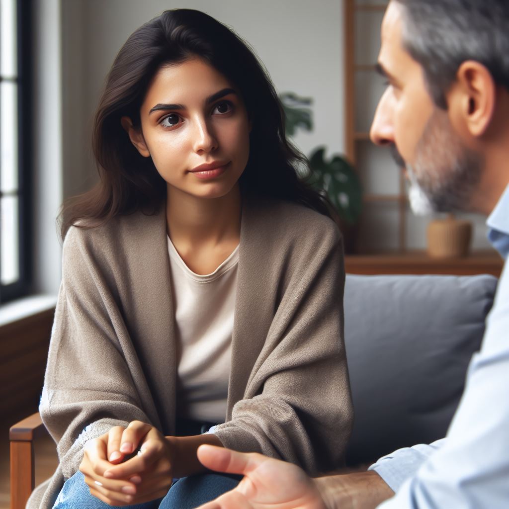 Imagen de una mujer trigueña y su psicólogo en una conversación reflexiva en un consultorio psicológico