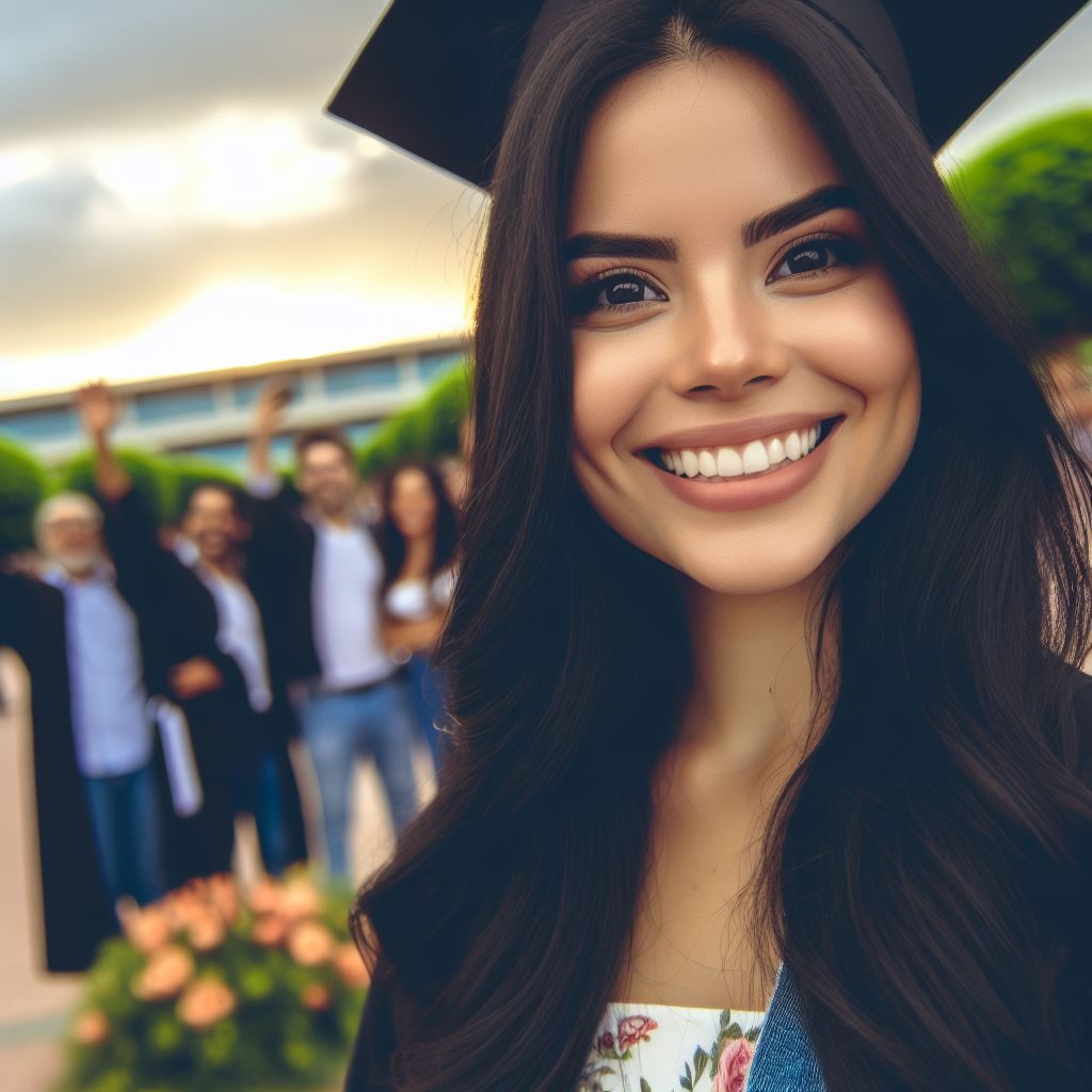 Decisiones: Mujer latina sonriente con toga y birrete, celebrando su graduación. Está rodeada de amigos y familiares en un campus universitario soleado.