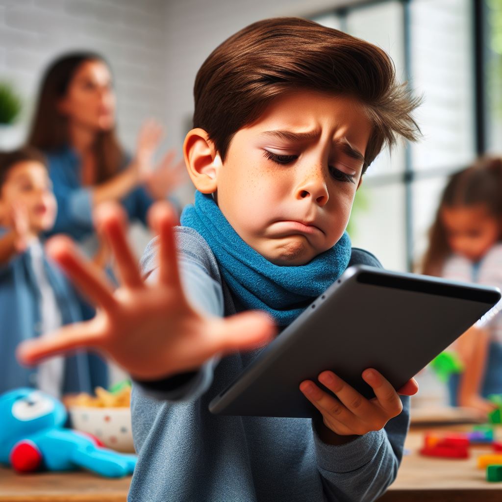 “Un niño de 8 años con expresión preocupada sostiene una tableta con una mano, mirando la pantalla, mientras extiende la otra pidiendo ayuda. Detrás de él, niños y adultos se divierten en un ambiente lúdico, contrastando con su dilema por el uso de la tecnología.