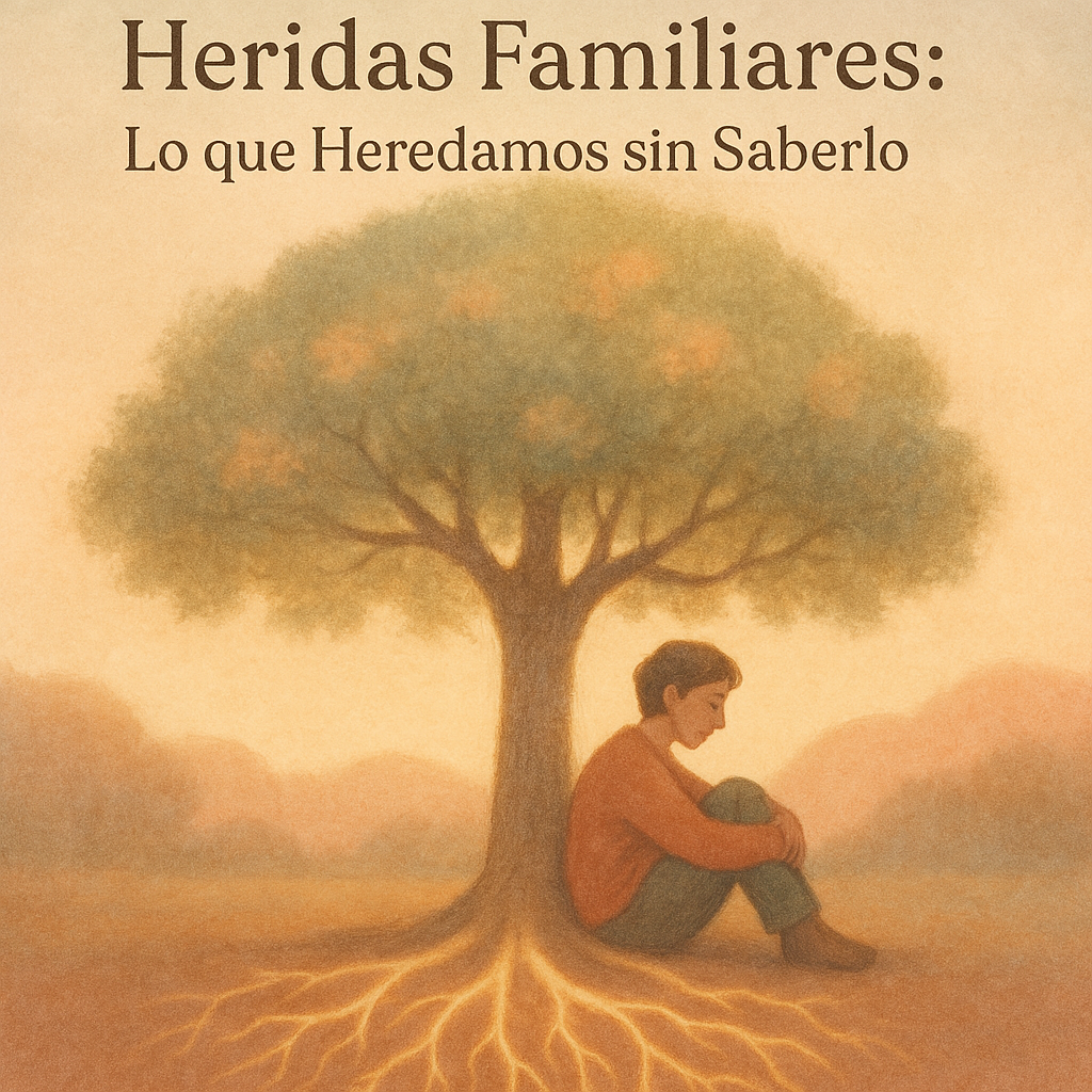 Persona reflexiva bajo un árbol familiar con raíces brillantes, simbolizando la sanación de heridas familiares heredadas.