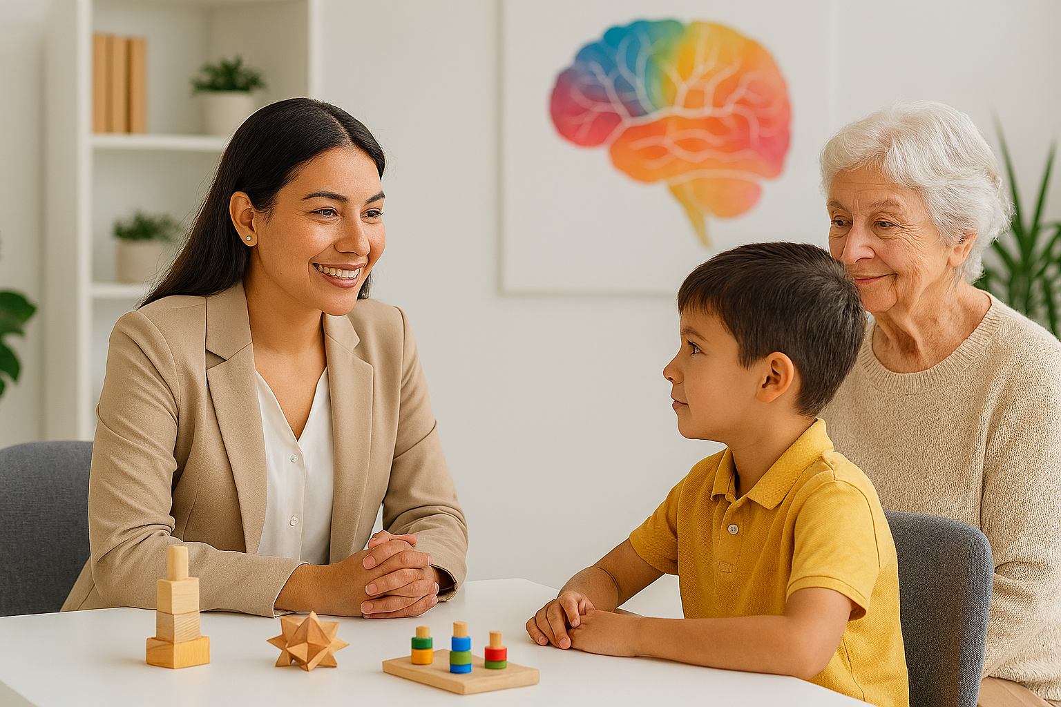 Una neuropsicóloga sonriendo a un niño sentado en una mesa con juguetes educativos de madera, con una mujer mayor observando de fondo en un consultorio con un gráfico cerebral colorido en la pared.